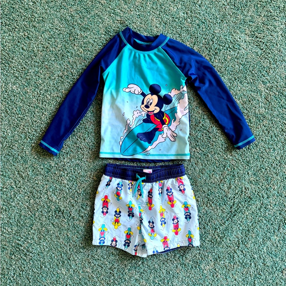 Disney Mickey Mouse Kids Size 4T two-piece long-sleeve rashguard swimming set